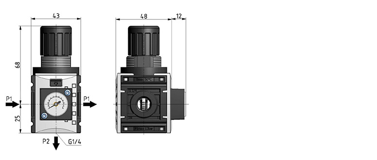 Regolatore di pressione G1/2", P1 passante, pressione massima 8 bar, con manometro quadrato