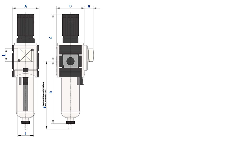 Filtroregolatore G3/8", elemento filtrante 5µ, scarico automatico della condensa, con manometro digitale