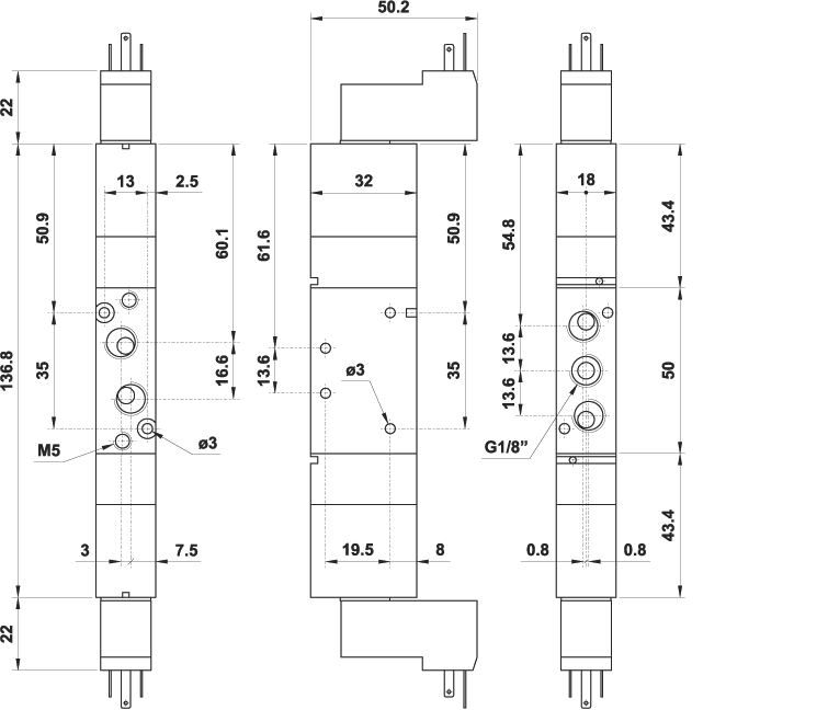 18 mm in linea 5/3 1/8" centri chiusi, doppio comando elettrico 12V DC alimentazione separata