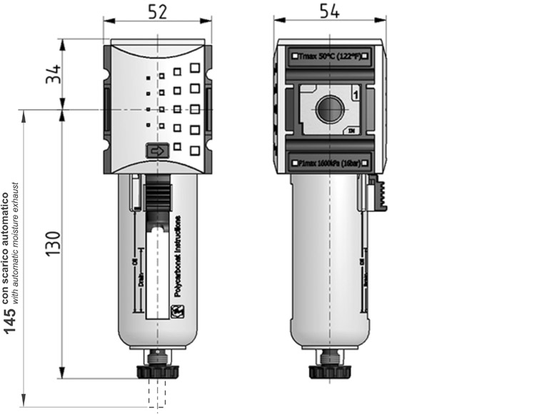 Filtro G1/4", elemento filtrante 5µ, scarico automatico della condensa