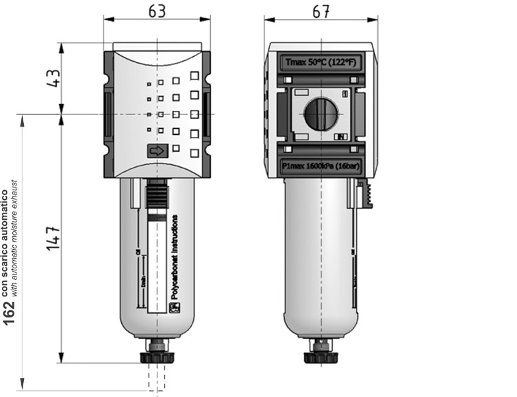 Filtro G1/2", elemento filtrante 5µ, scarico automatico della condensa