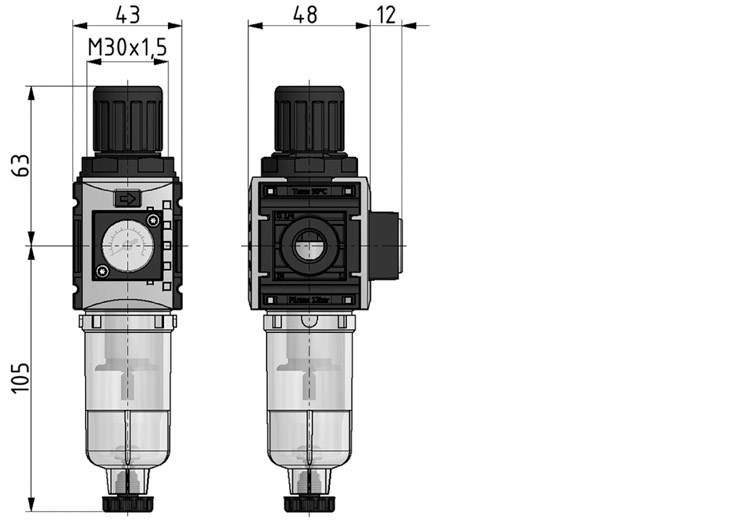Mini filtroregolatore G1/4", elemento filtrante 5µ, con manometro integrato