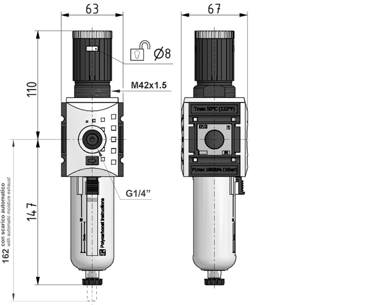 Filtroregolatore G1/2", elemento filtrante 5µ, scarico automatico della condensa