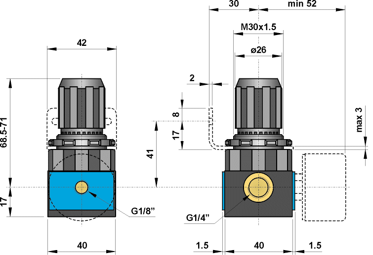 Regolatore di pressione G1/4", pressione massima 4 bar