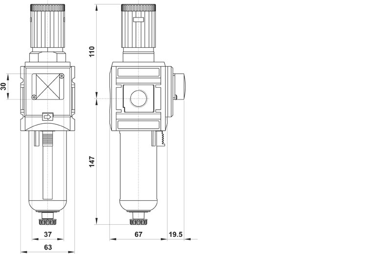 Filtroregolatore G1/2", elemento filtrante 5µ, scarico automatico della condensa, con manometro