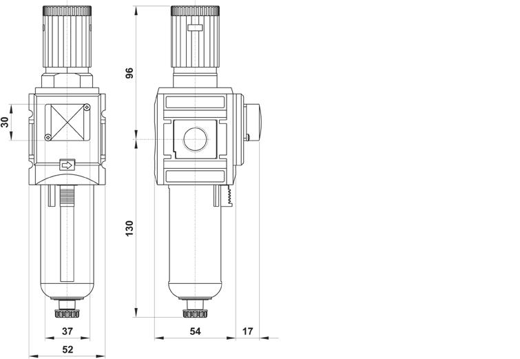 Filtroregolatore G3/8", elemento filtrante 5µ, scarico automatico della condensa, con manometro