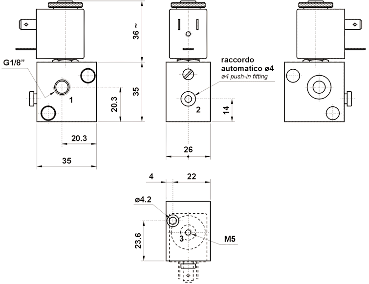 Base modulare con elettropilota NC, uscite tubo ø4, con azionatore manuale, senza bobina