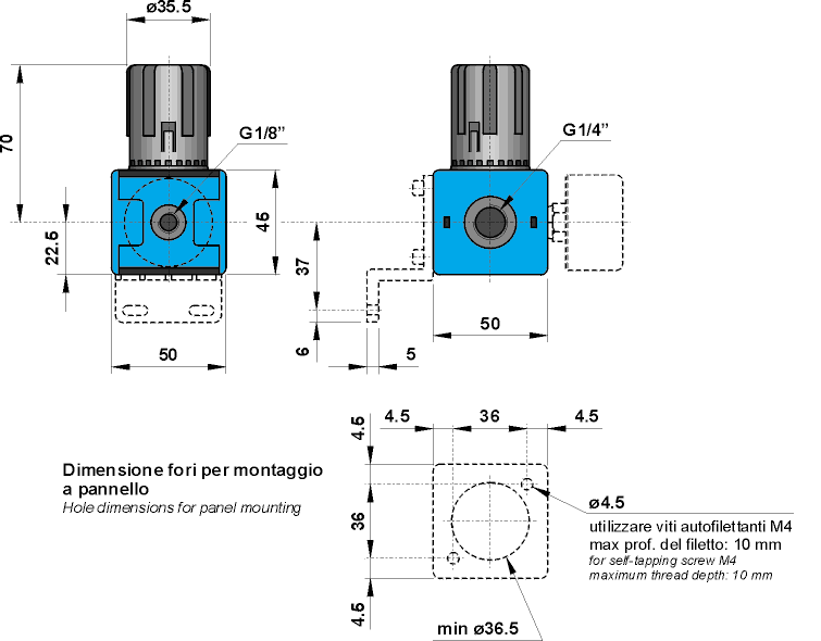 Regolatore di pressione G1/4" SR, con sistema di scarico rapido