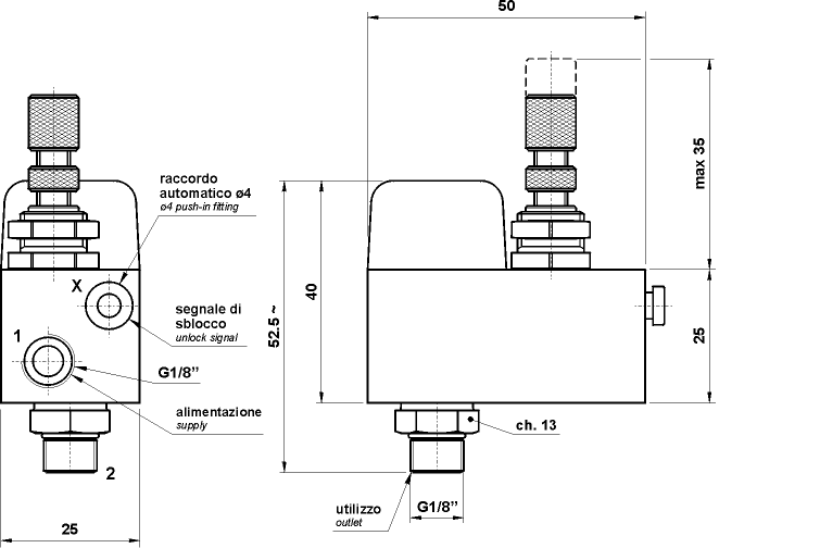 Valvola di blocco a comando pneumatico G1/8" con RFU integrato