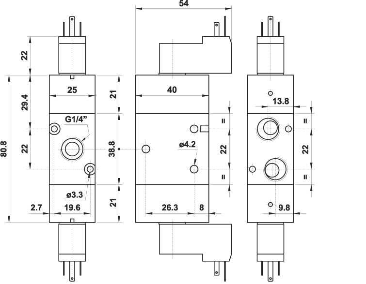 3/2 1/4" doppio comando elettrico con elettropilota 15 mm, 24V DC