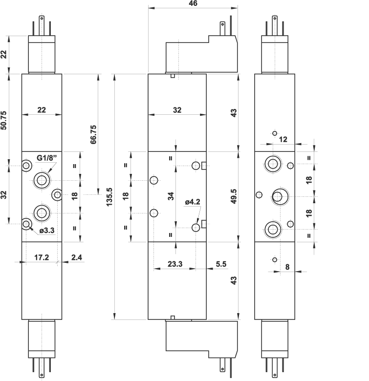 5/3 1/8" doppio comando elettrico con elettropilota 15 mm, centri aperti, 24V DC